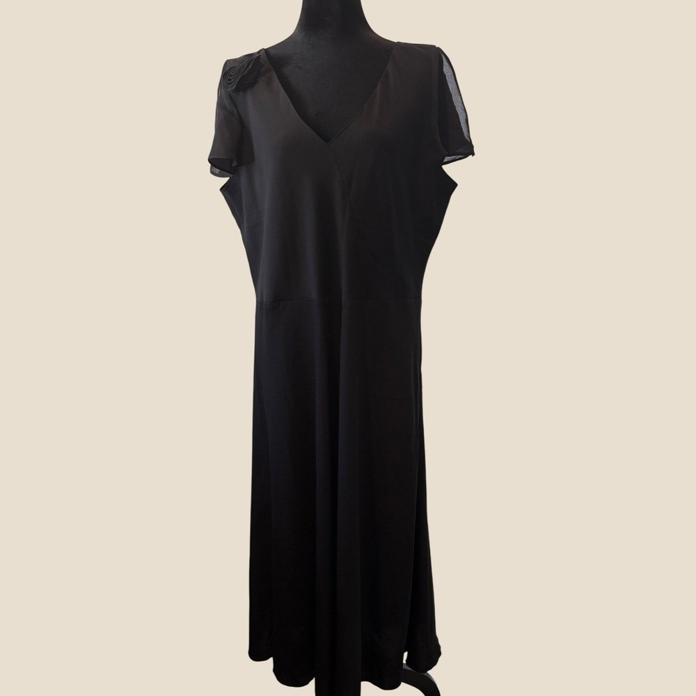 Kathie Lee Collection Black Maxi Dress V-Neck Flutter Sleeve Rosette XL 16/18